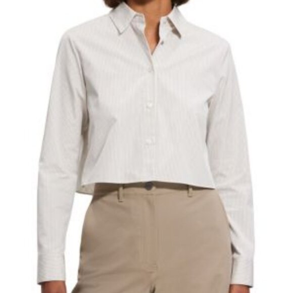 NWOT Womens Theory Tan White Pinstriped  Cropped Button-Up Shirt Blouse Top M - Picture 1 of 13